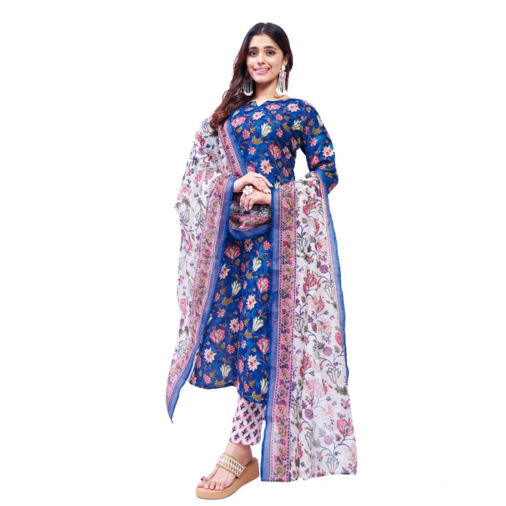 Voguish Women's Cotton Blend Printed Kurti With Pant Dupatta Set