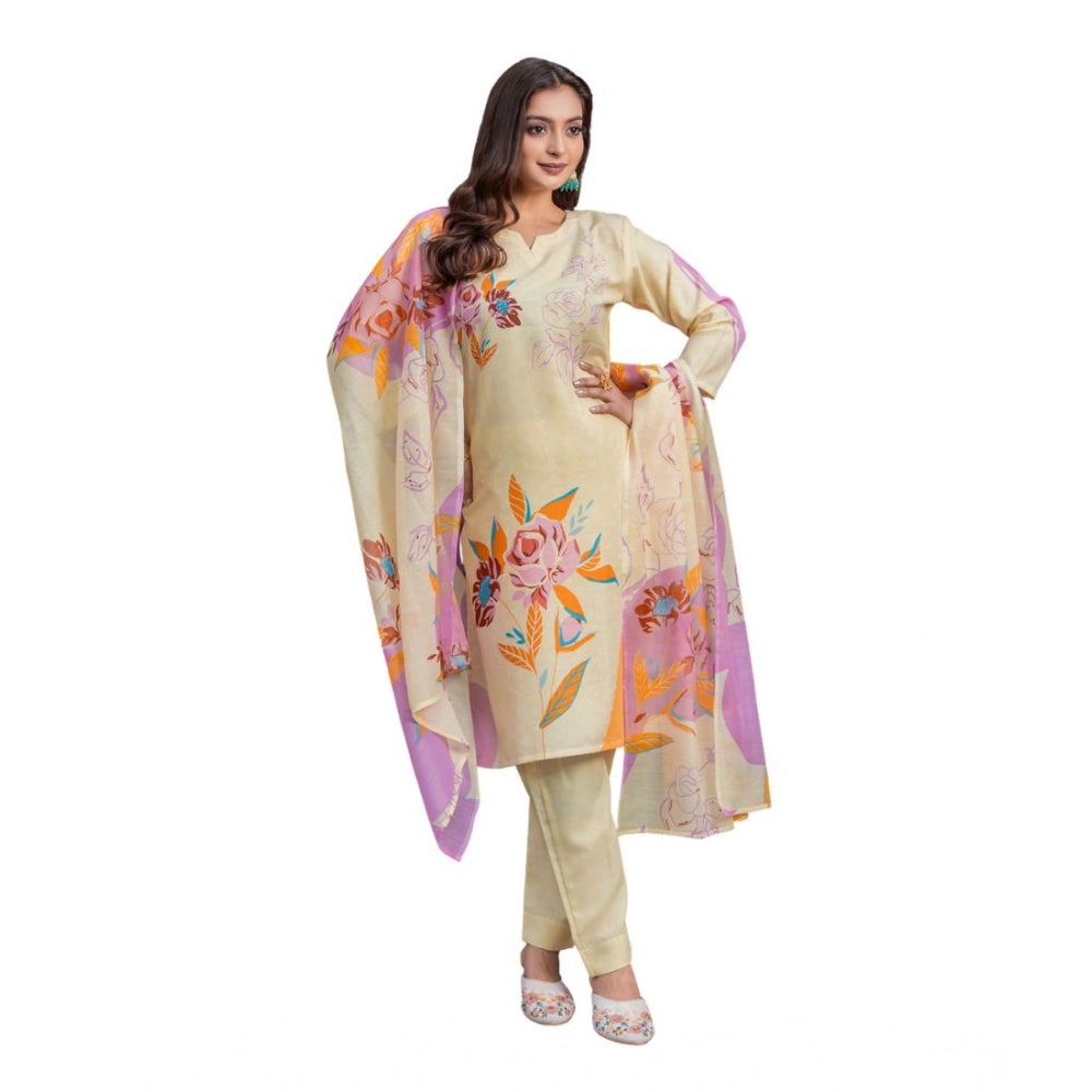 Voguish Women's Cotton Blend Printed Kurti With Pant Dupatta Set