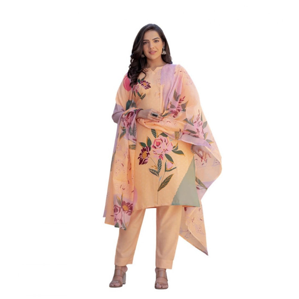 Voguish Women's Cotton Blend Printed Kurti With Pant Dupatta Set