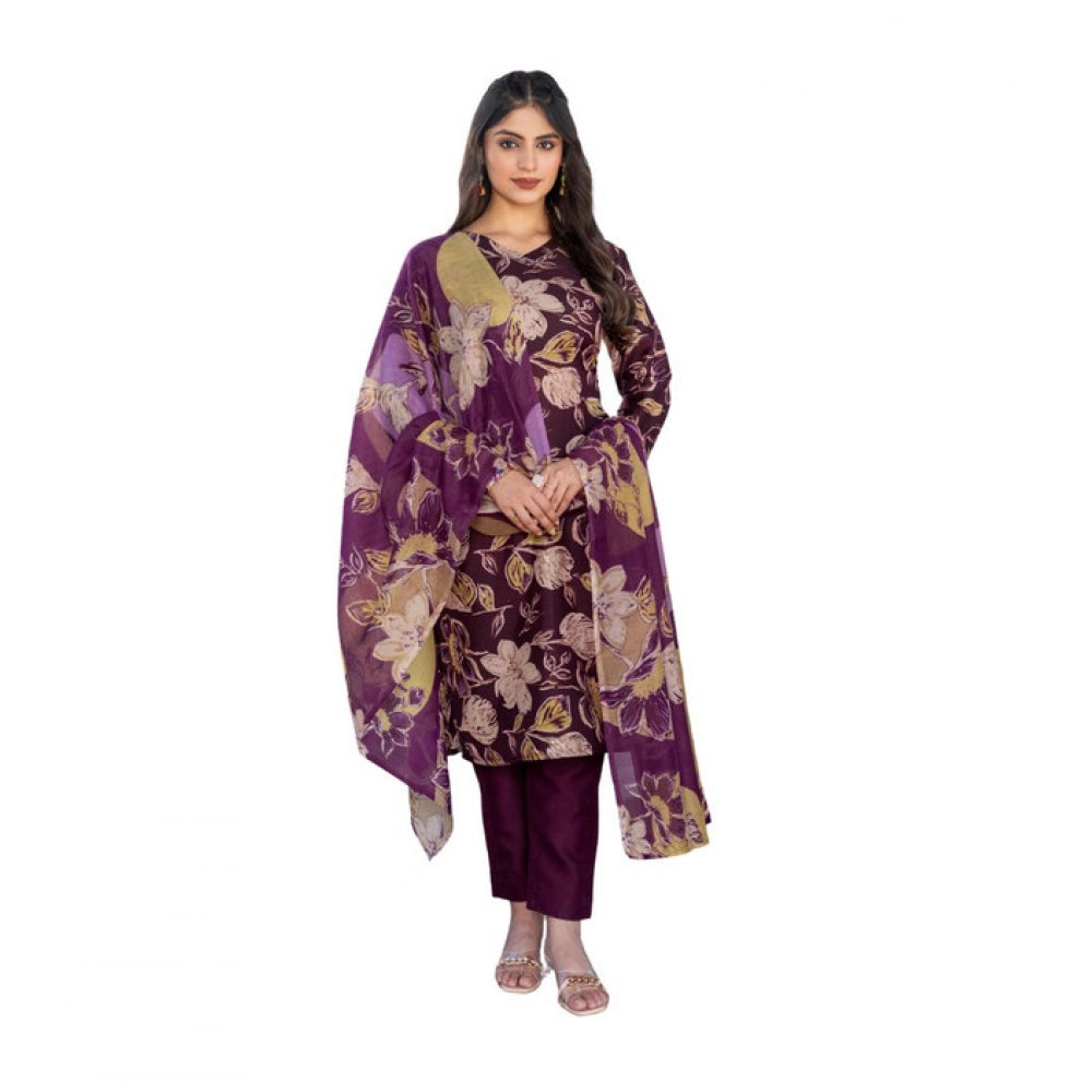 Voguish Women's Cotton Blend Printed Kurti With Pant Dupatta Set