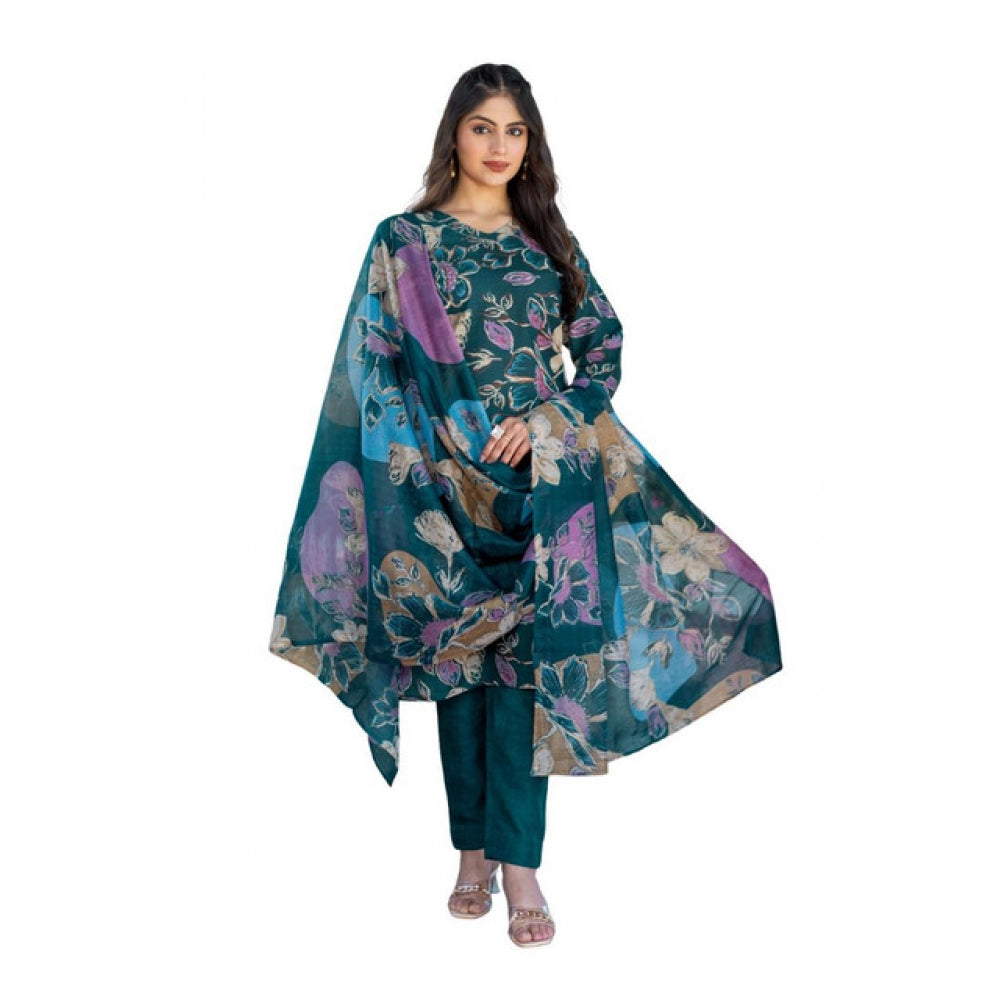 Voguish Women's Cotton Blend Printed Kurti With Pant Dupatta Set