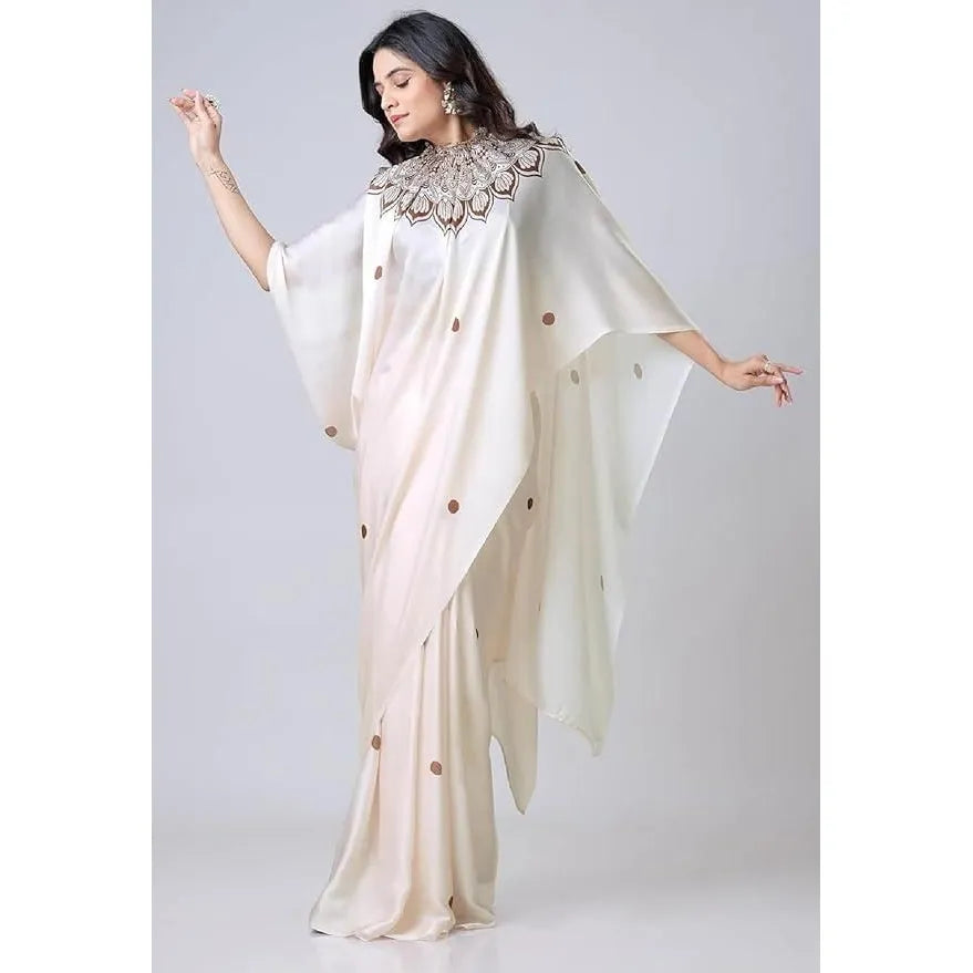 Elegant Kaftan Style Soft Satin Silk Printed Ready To Wear Saree With Blouse Piece