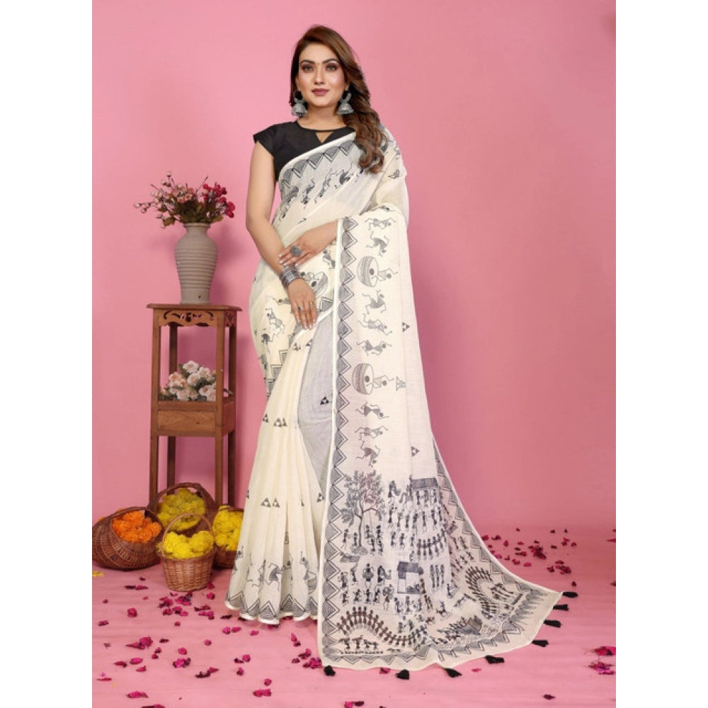 Designer Women's Linen Cotton Printed Saree With Blouse Piece