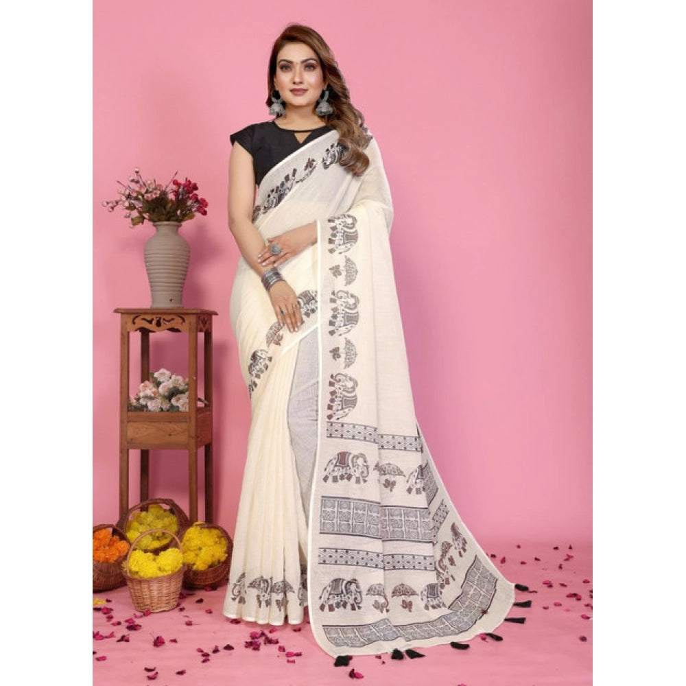 Designer Women's Linen Cotton Printed Saree With Blouse Piece