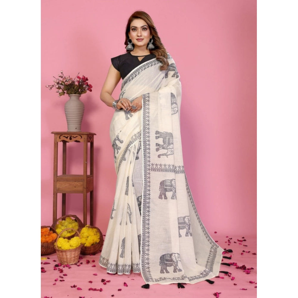 Designer Women's Linen Cotton Printed Saree With Blouse Piece