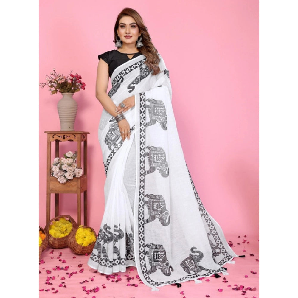 Designer Women's Linen Cotton Printed Saree With Blouse Piece