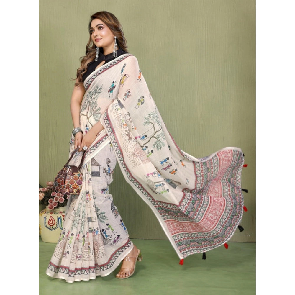 Designer Women's Linen Cotton Printed Saree With Blouse Piece