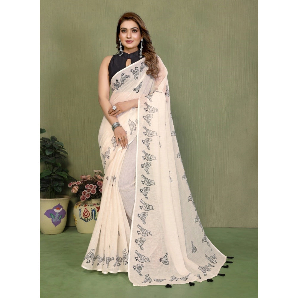 Designer Women's Linen Cotton Printed Saree With Blouse Piece