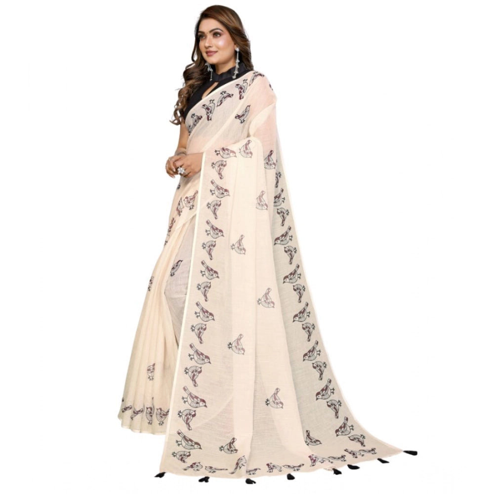Designer Women's Linen Cotton Printed Saree With Blouse Piece