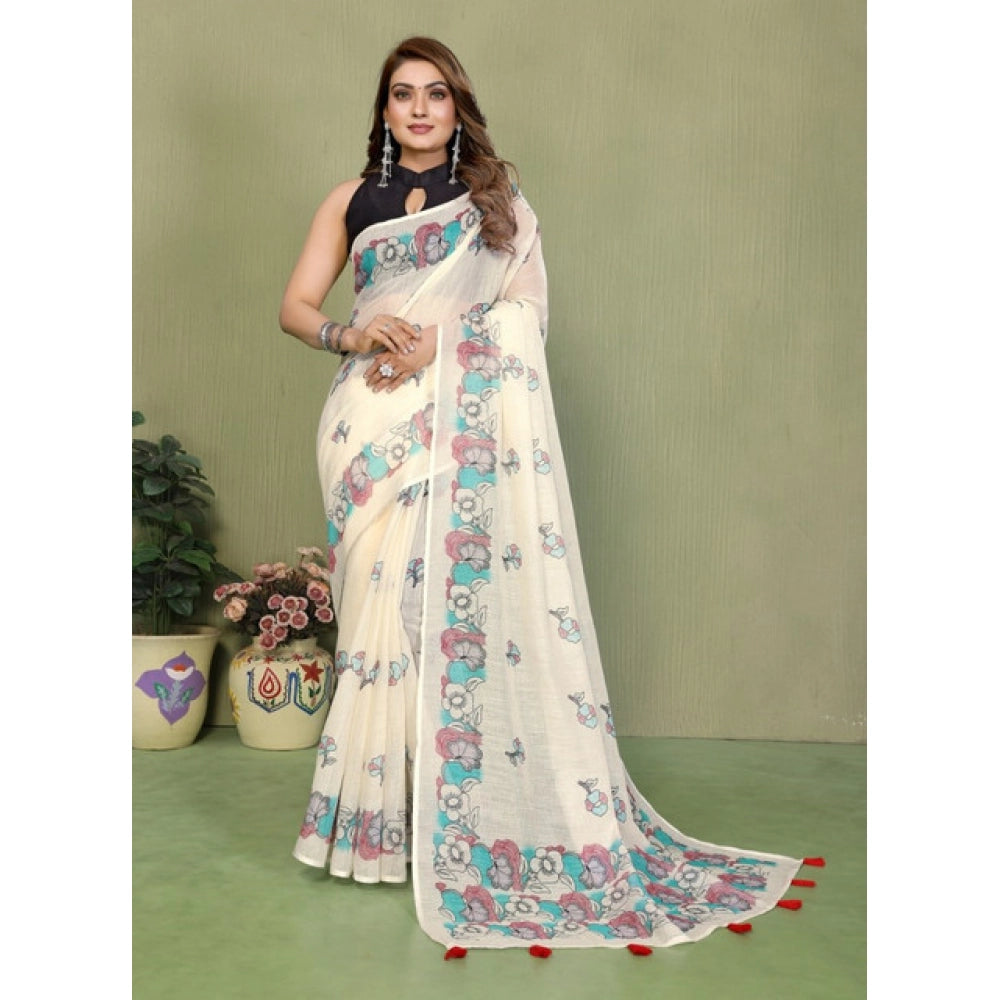 Designer Women's Linen Cotton Printed Saree With Blouse Piece