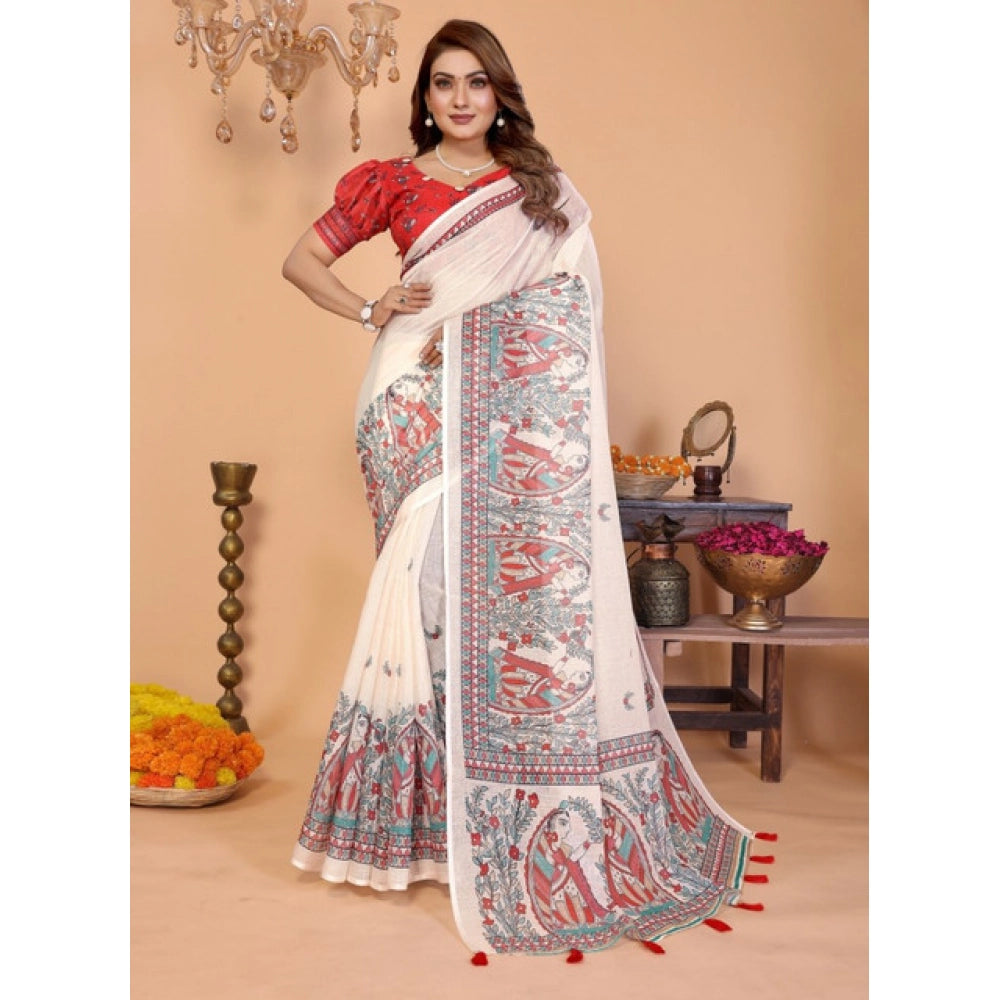 Designer Women's Linen Cotton Printed Saree With Blouse Piece