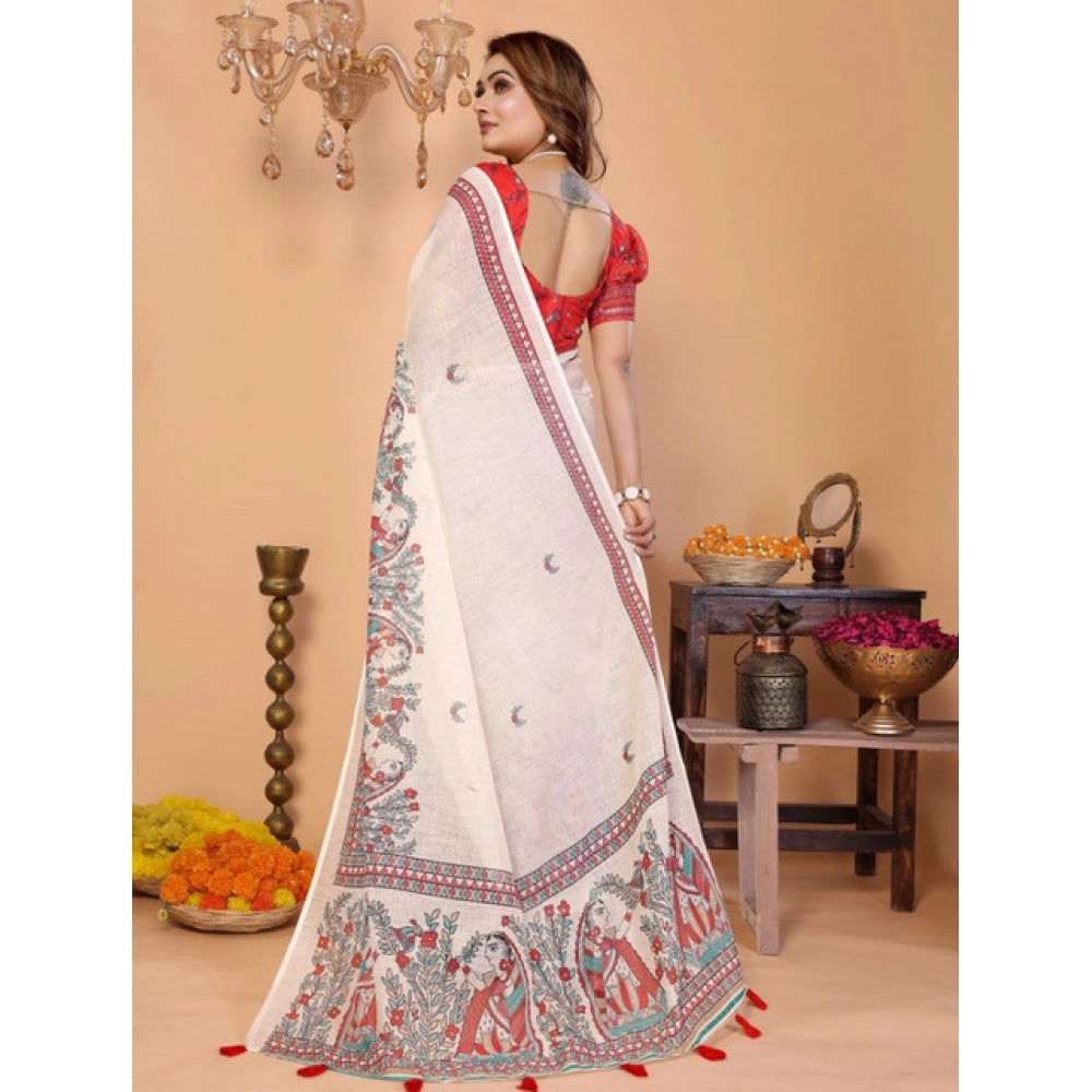 Designer Women's Linen Cotton Printed Saree With Blouse Piece