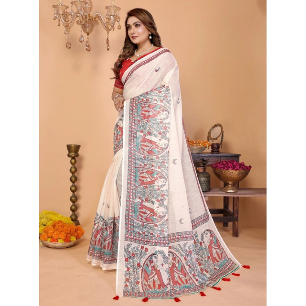 Designer Women's Linen Cotton Printed Saree With Blouse Piece