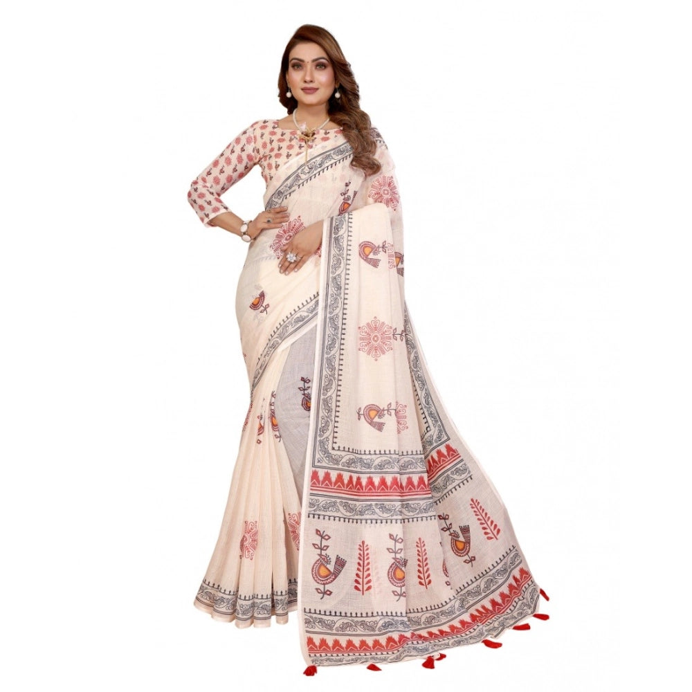 Designer Women's Linen Cotton Printed Saree With Blouse Piece