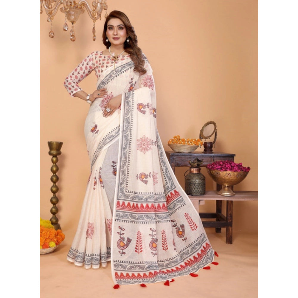 Designer Women's Linen Cotton Printed Saree With Blouse Piece