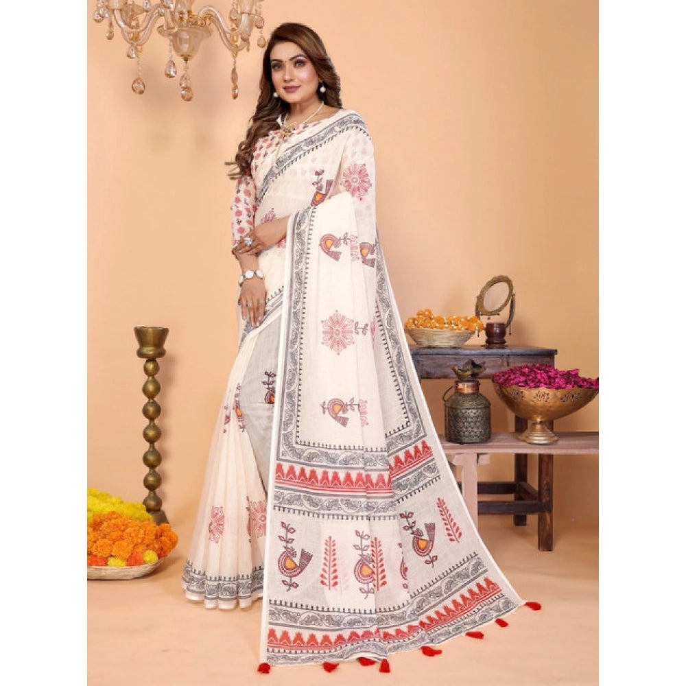 Designer Women's Linen Cotton Printed Saree With Blouse Piece