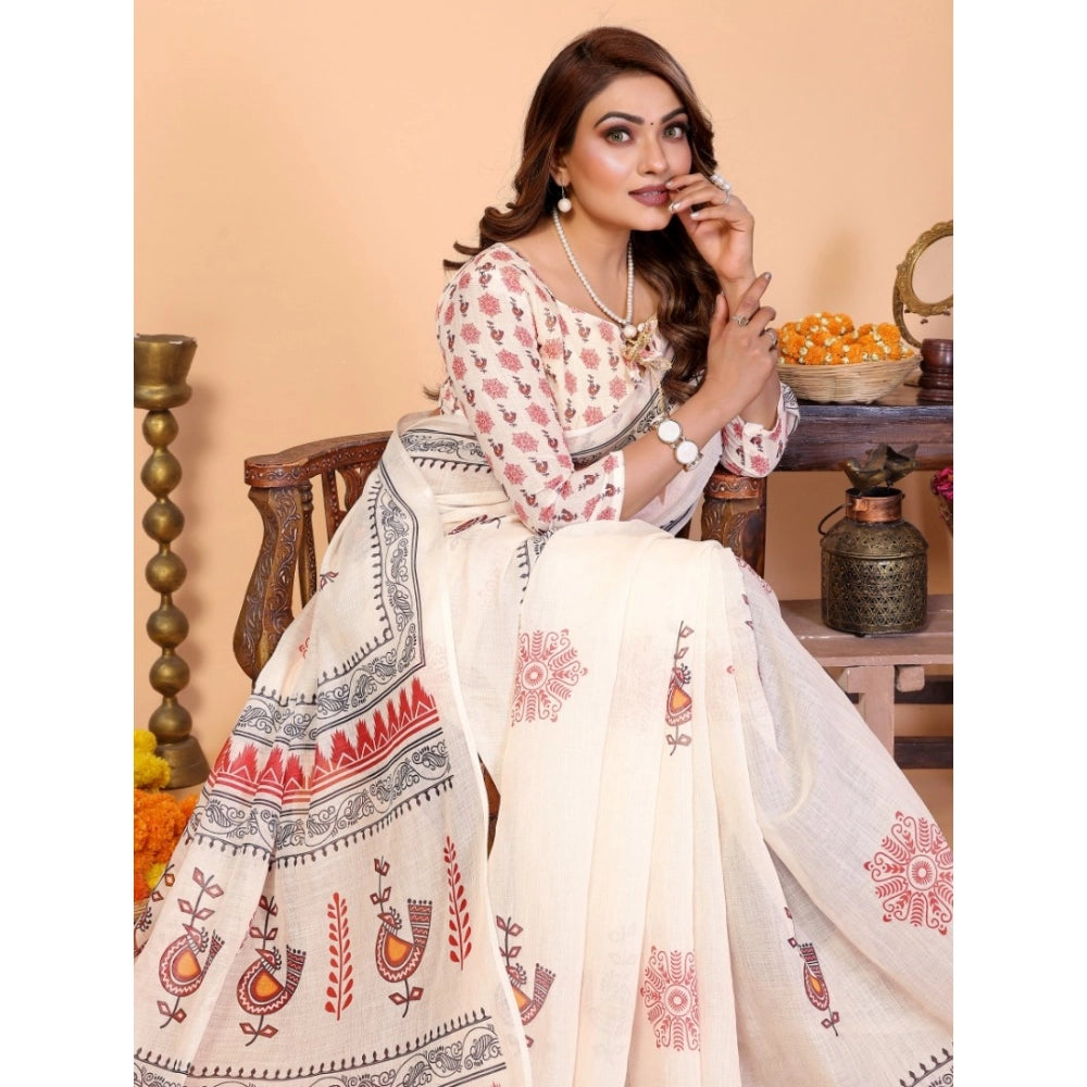 Designer Women's Linen Cotton Printed Saree With Blouse Piece