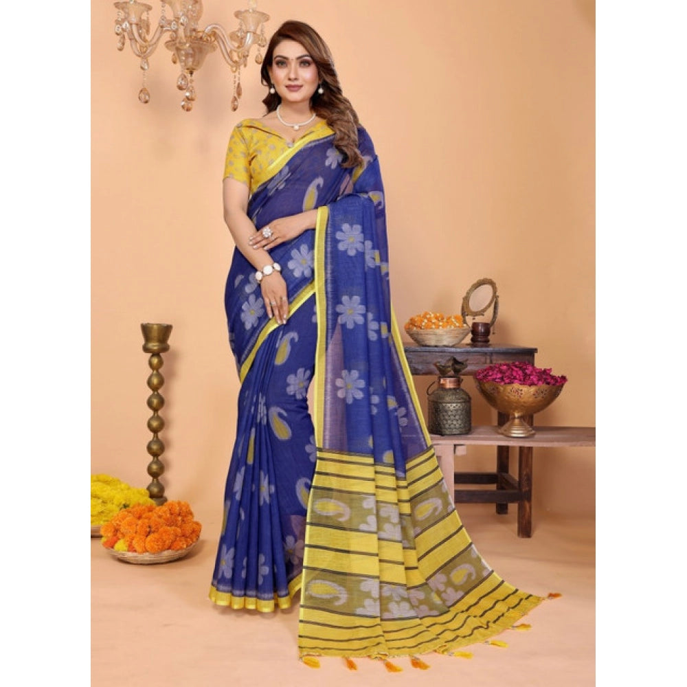 Designer Women's Linen Cotton Printed Saree With Blouse Piece