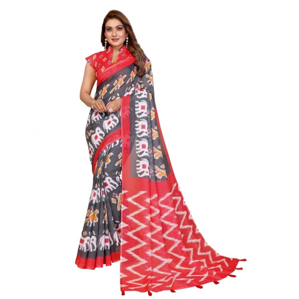 Designer Women's Linen Cotton Printed Saree With Blouse Piece