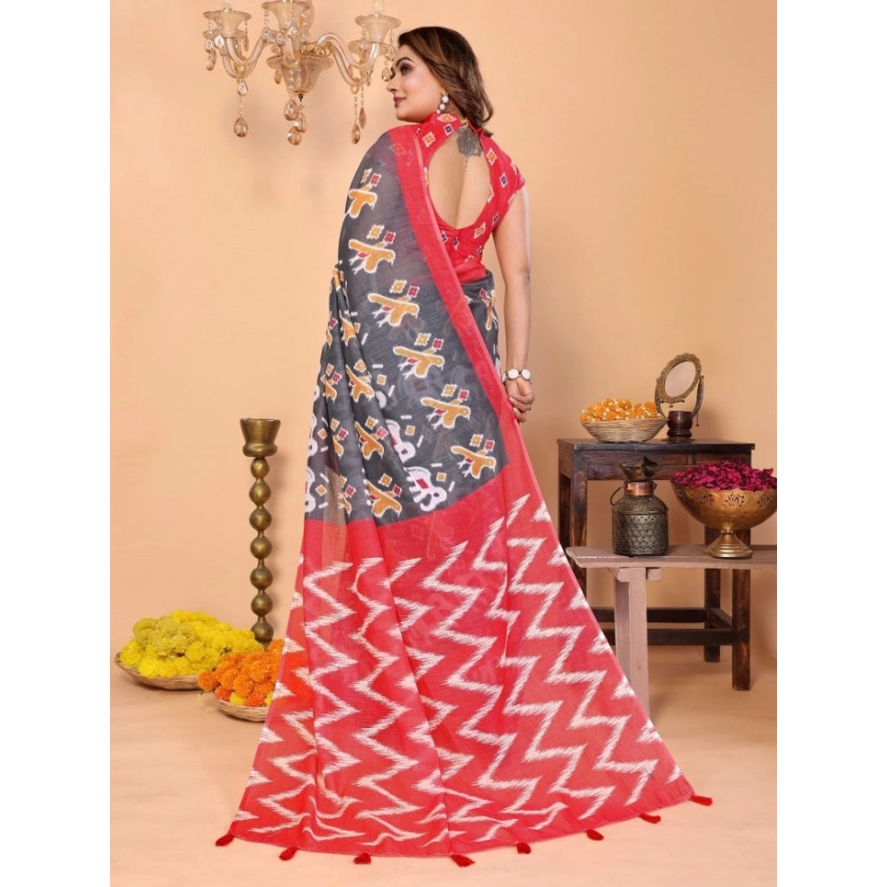 Designer Women's Linen Cotton Printed Saree With Blouse Piece