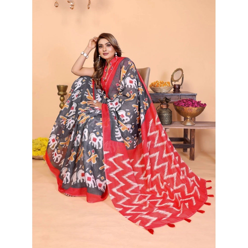 Designer Women's Linen Cotton Printed Saree With Blouse Piece