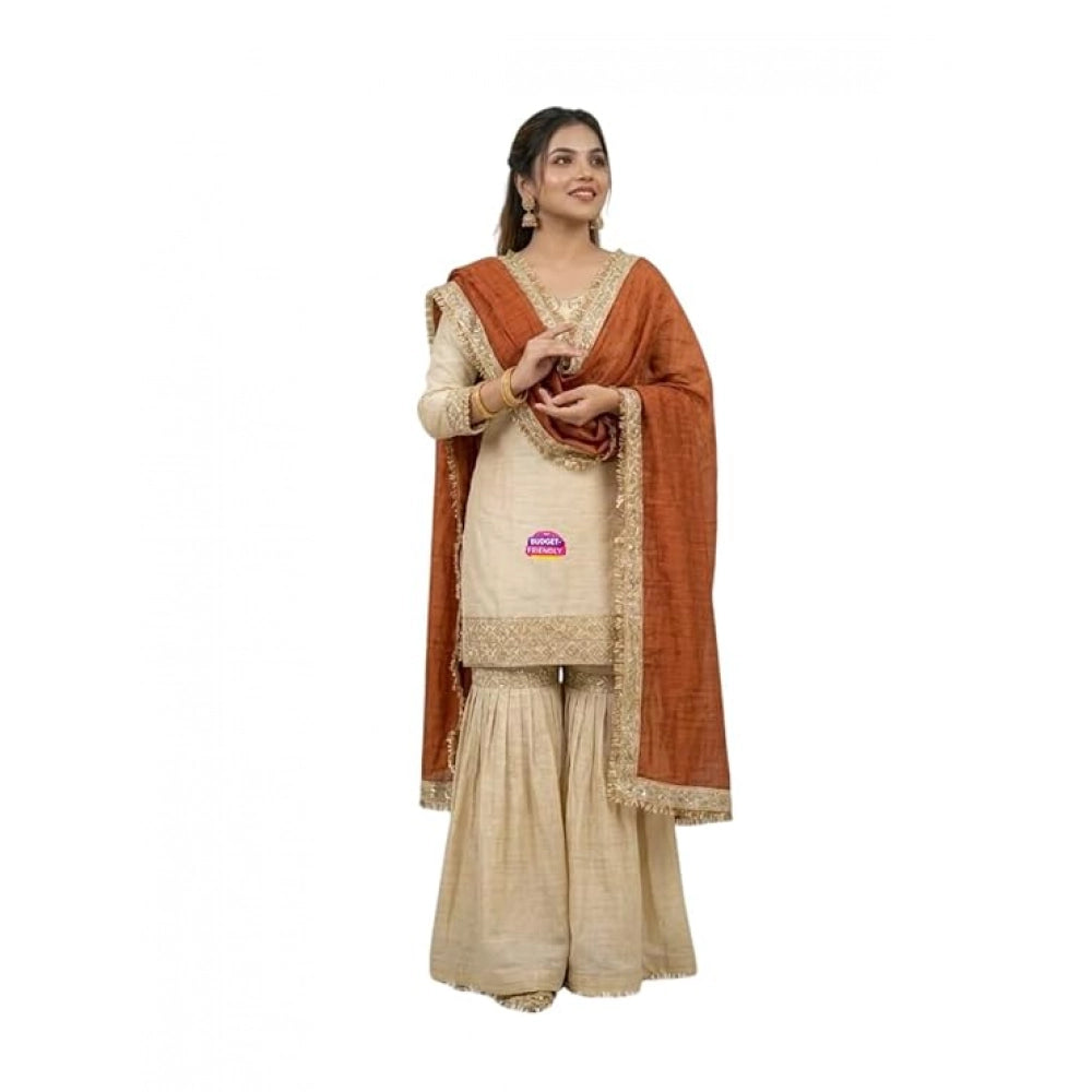 Fashionable Women's Silk Embroidered V Neck Kurti With Sharara Pant and Dupatta Set