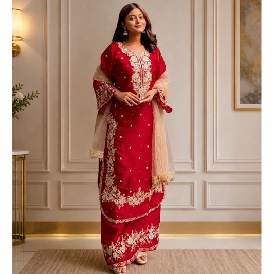 Gorgeous Women's Silk Embroidered Round Readymade Kurti With Palazzo Pant and Dupatta Set