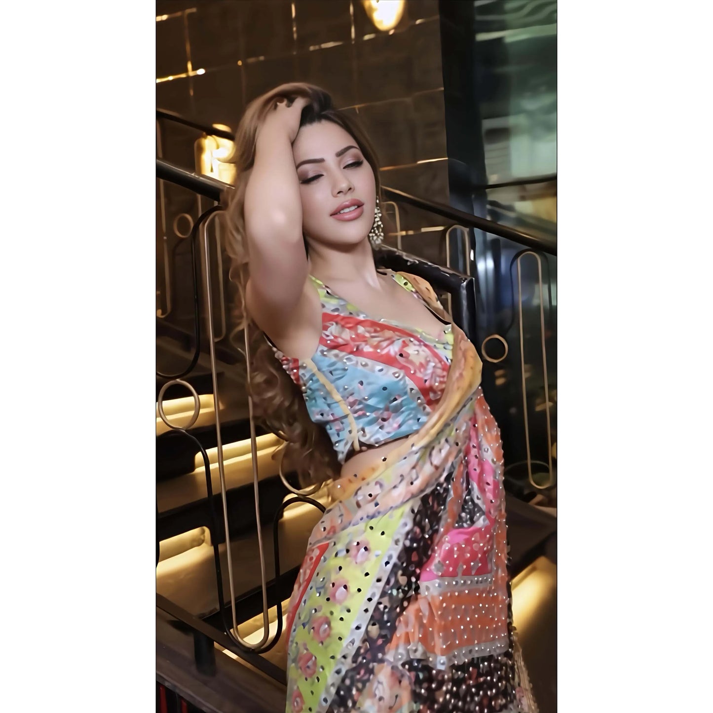 Heavy Marsh Mellow Georgette Saree with Mosaic Digital Print and Mirror Work
