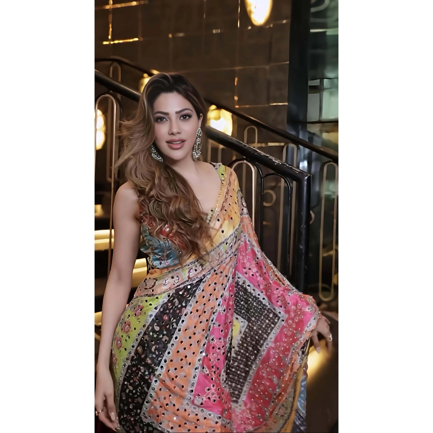 Heavy Marsh Mellow Georgette Saree with Mosaic Digital Print and Mirror Work