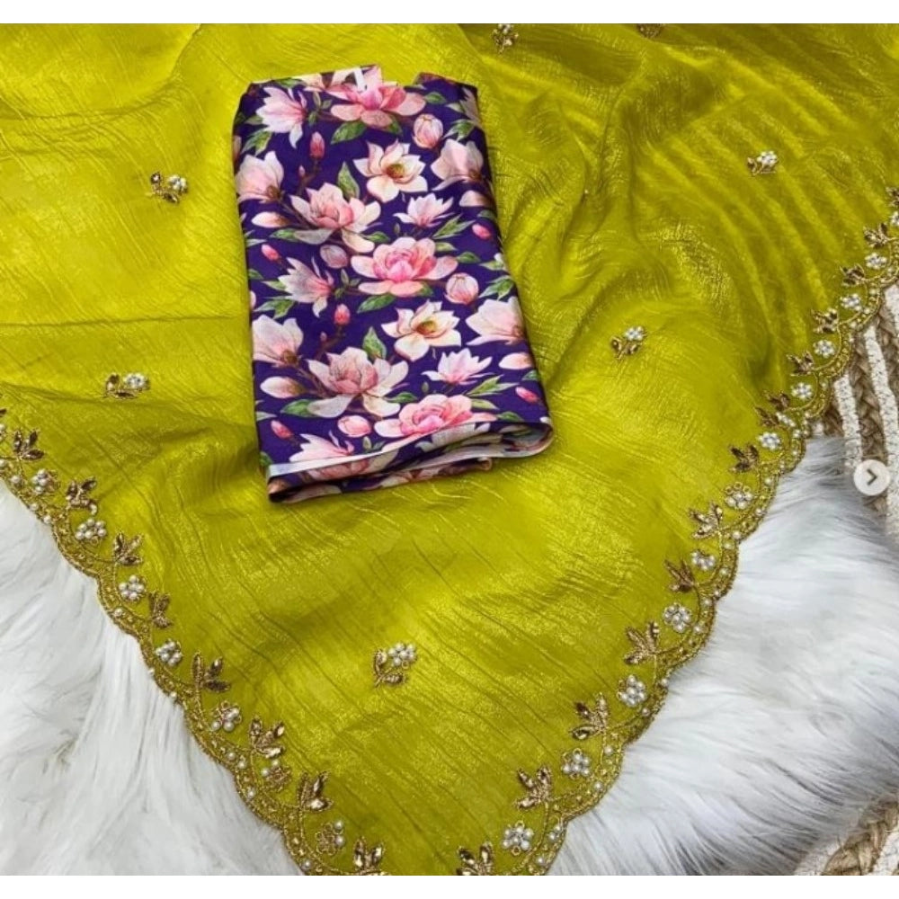 Fantastic Women's Stone Work Soft Silk Saree With Blouse Piece