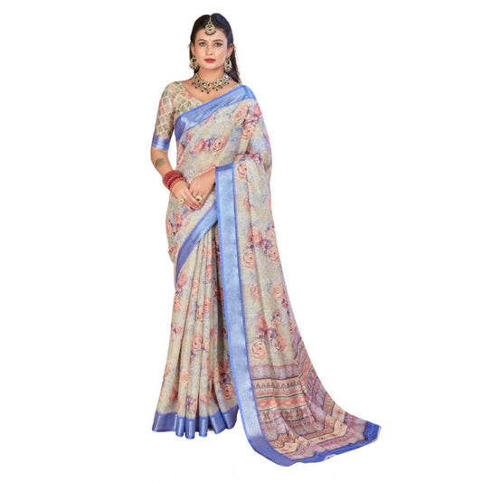 Gracious Women's Printed Cotton Linen Saree With Blouse Piece