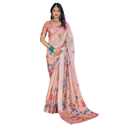 Gracious Women's Printed Cotton Linen Saree With Blouse Piece