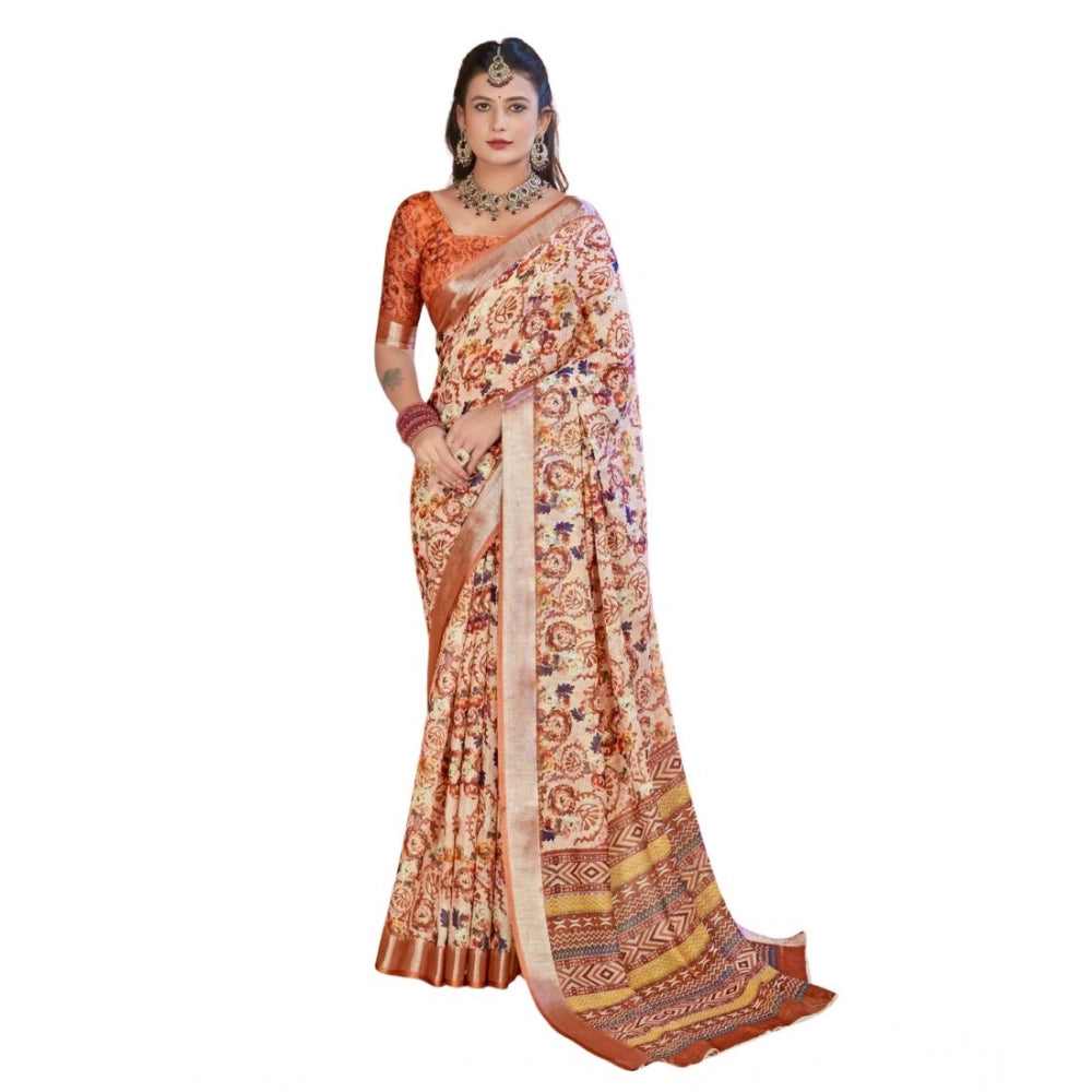 Gracious Women's Printed Cotton Linen Saree With Blouse Piece