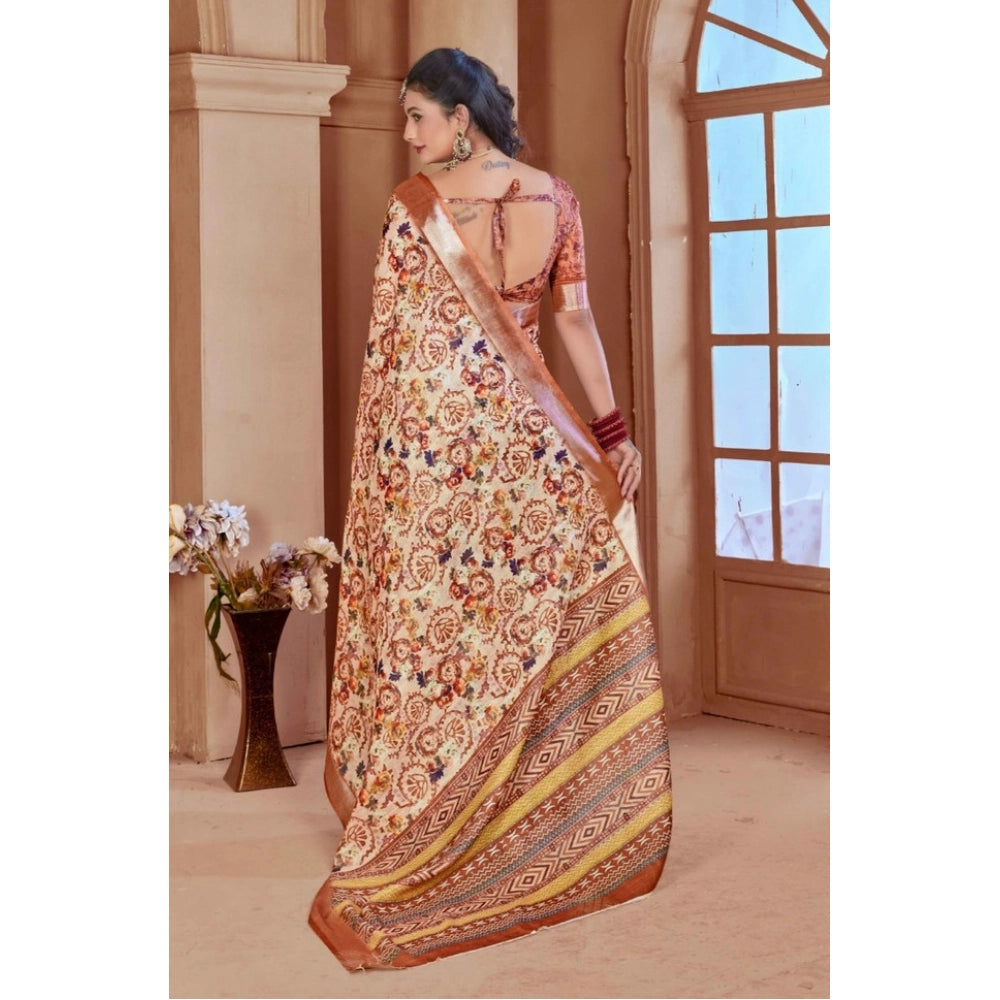 Gracious Women's Printed Cotton Linen Saree With Blouse Piece