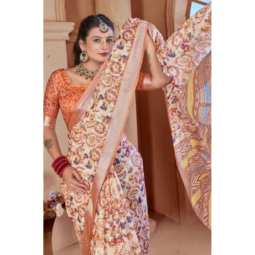 Gracious Women's Printed Cotton Linen Saree With Blouse Piece