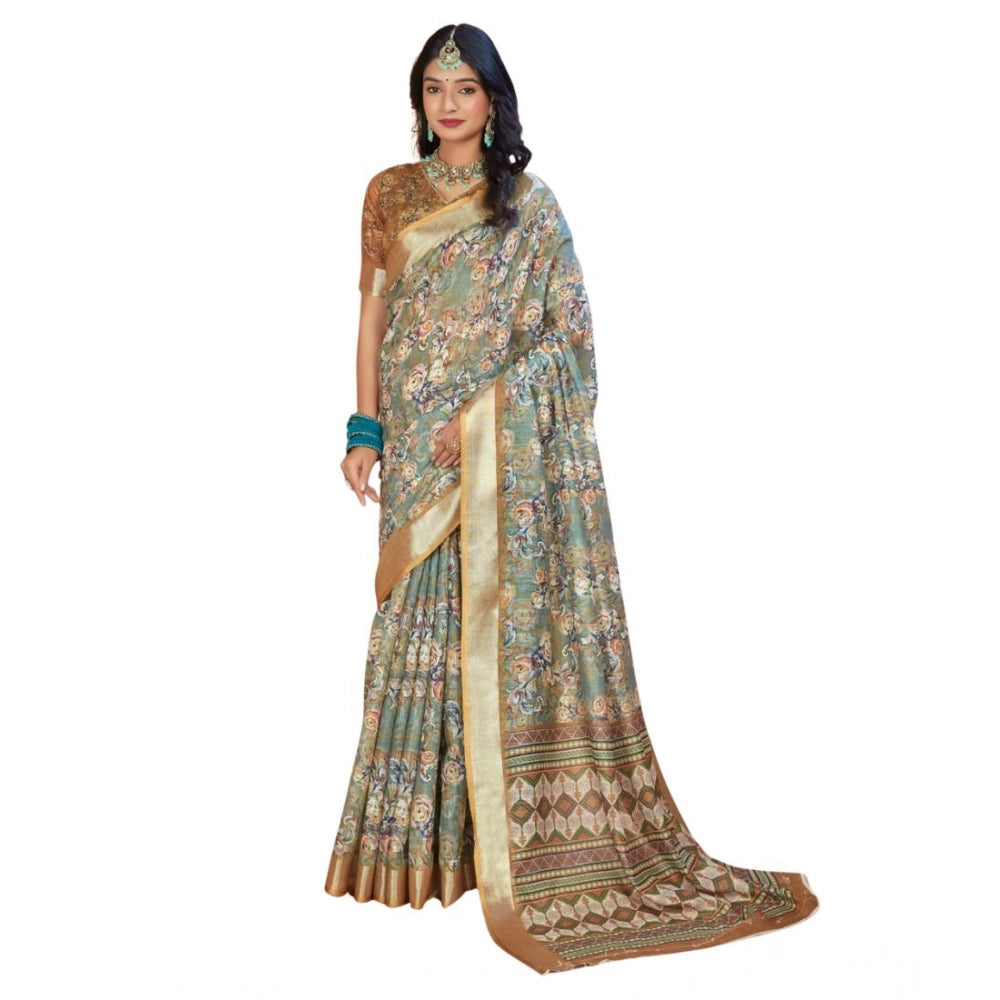 Gracious Women's Printed Cotton Linen Saree With Blouse Piece