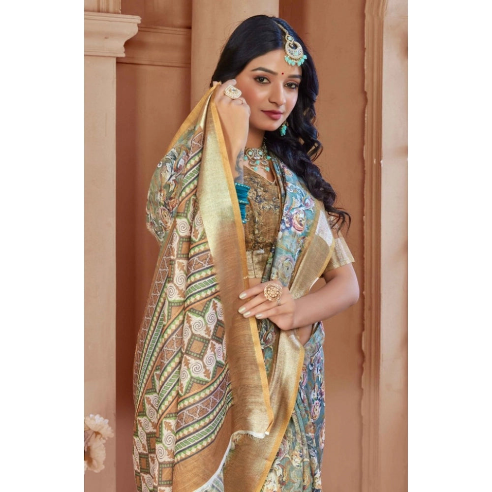 Gracious Women's Printed Cotton Linen Saree With Blouse Piece