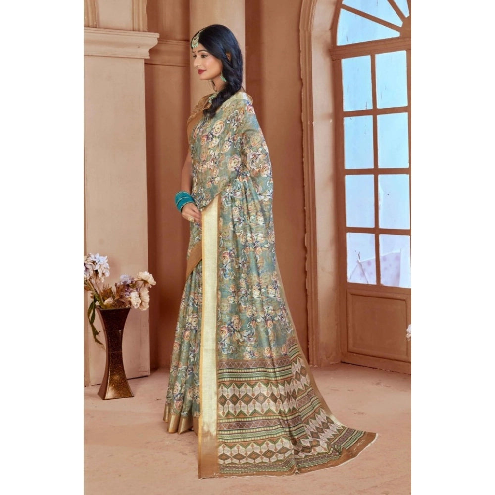Gracious Women's Printed Cotton Linen Saree With Blouse Piece