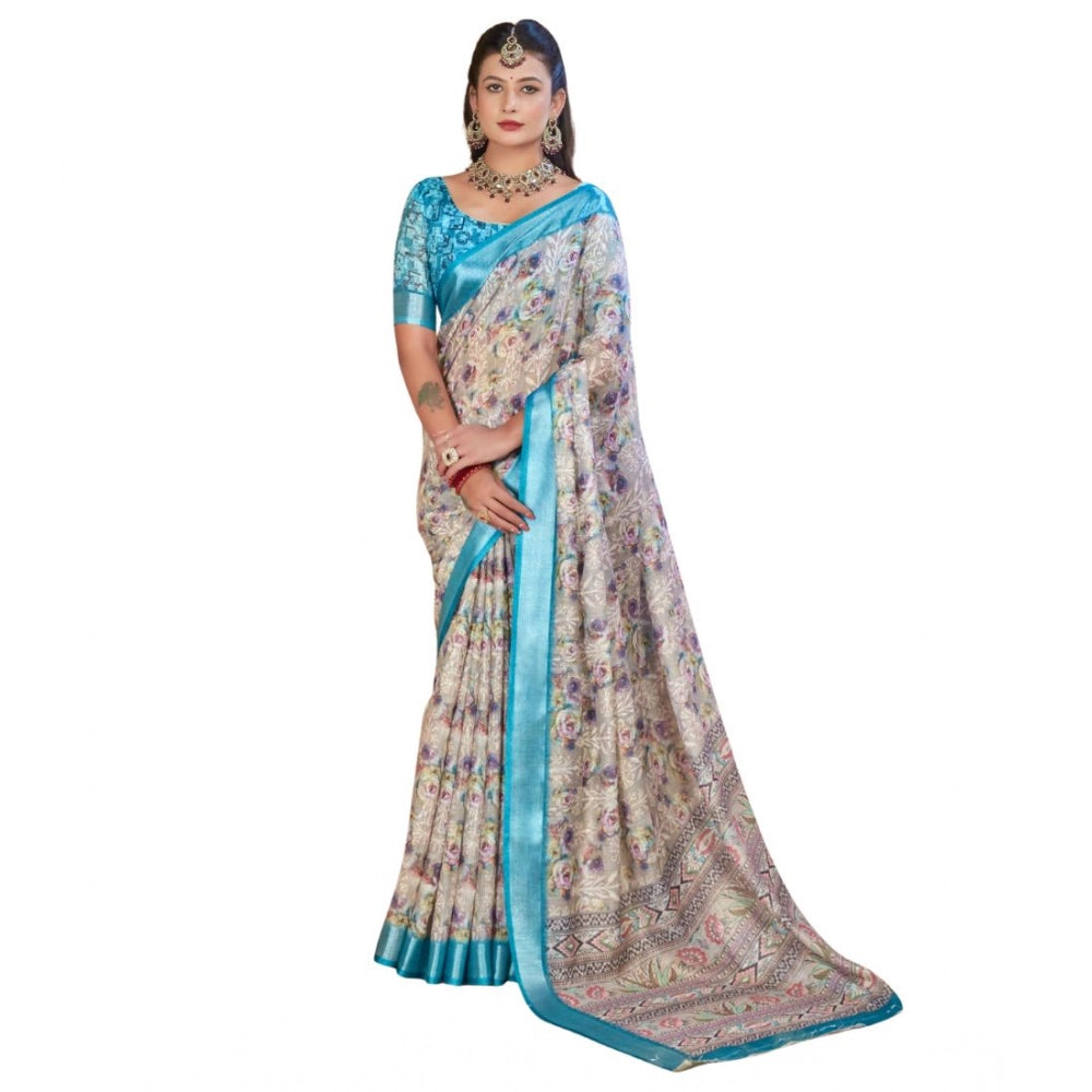 Gracious Women's Printed Cotton Linen Saree With Blouse Piece