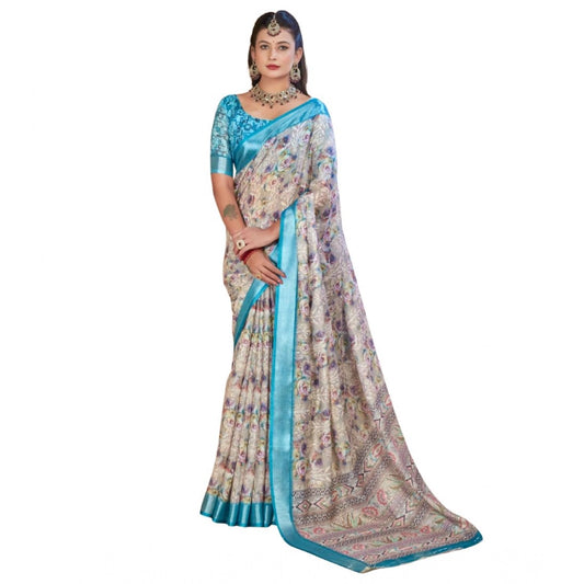 Gracious Women's Printed Cotton Linen Saree With Blouse Piece