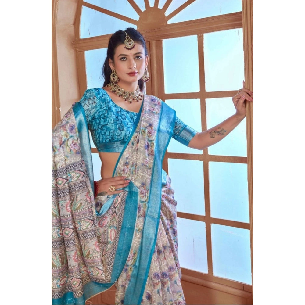 Gracious Women's Printed Cotton Linen Saree With Blouse Piece