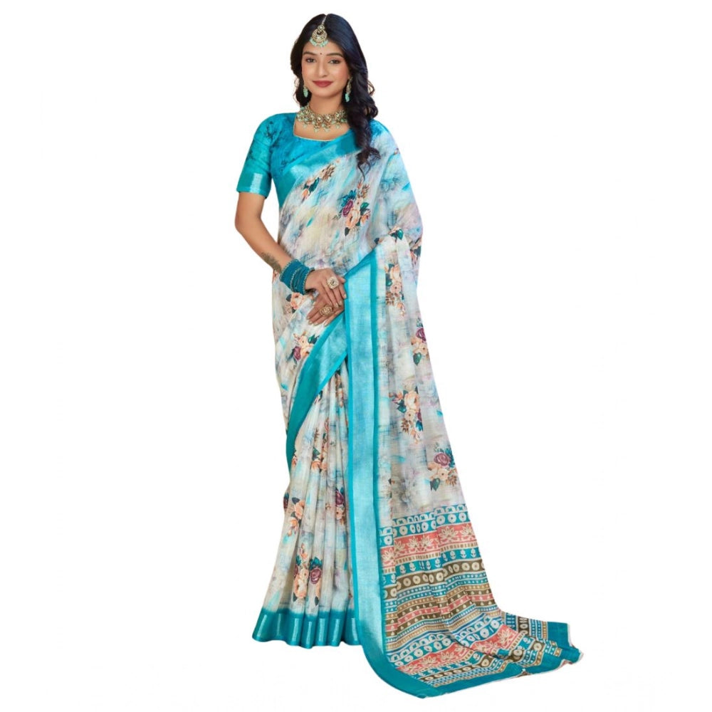 Gracious Women's Printed Cotton Linen Saree With Blouse Piece