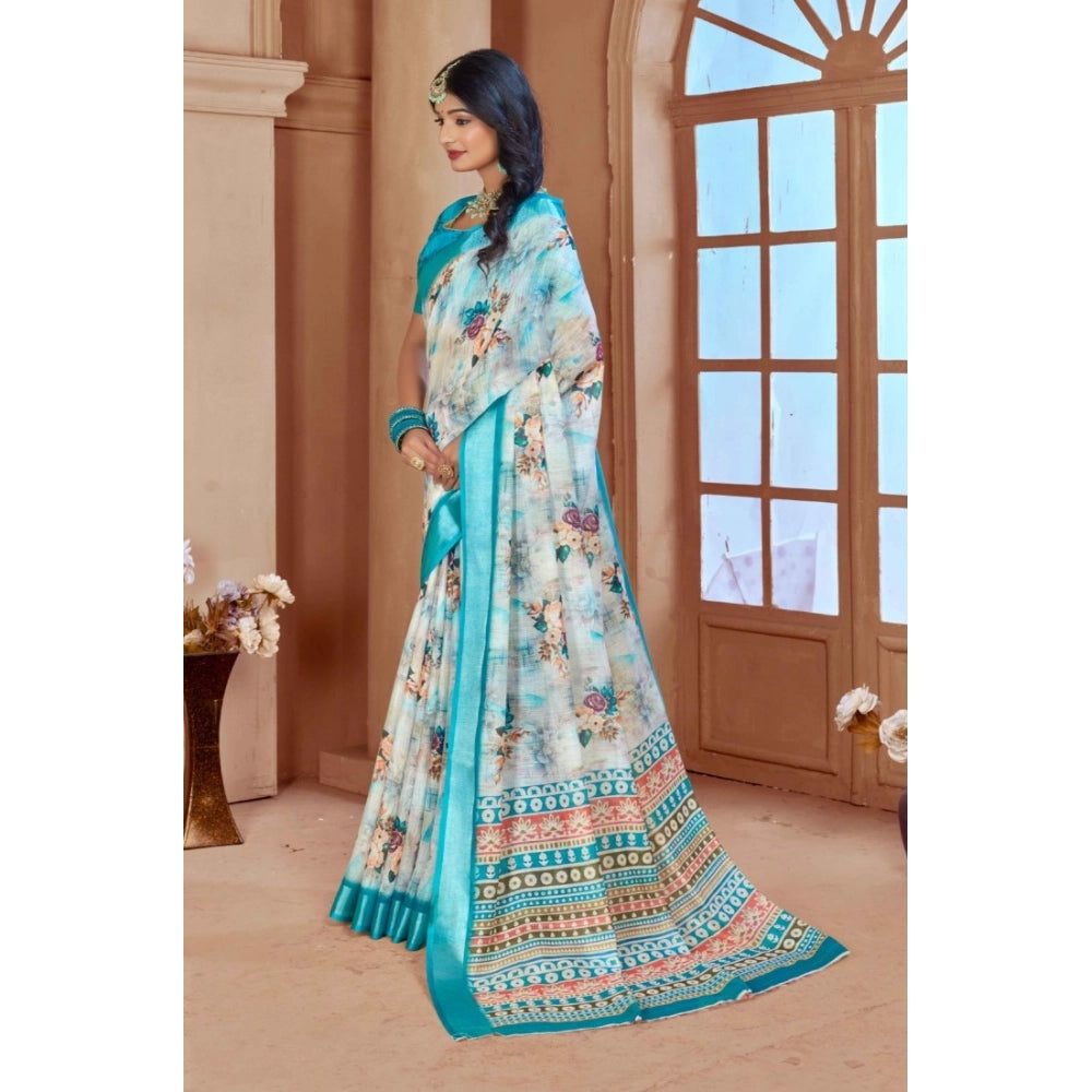 Gracious Women's Printed Cotton Linen Saree With Blouse Piece