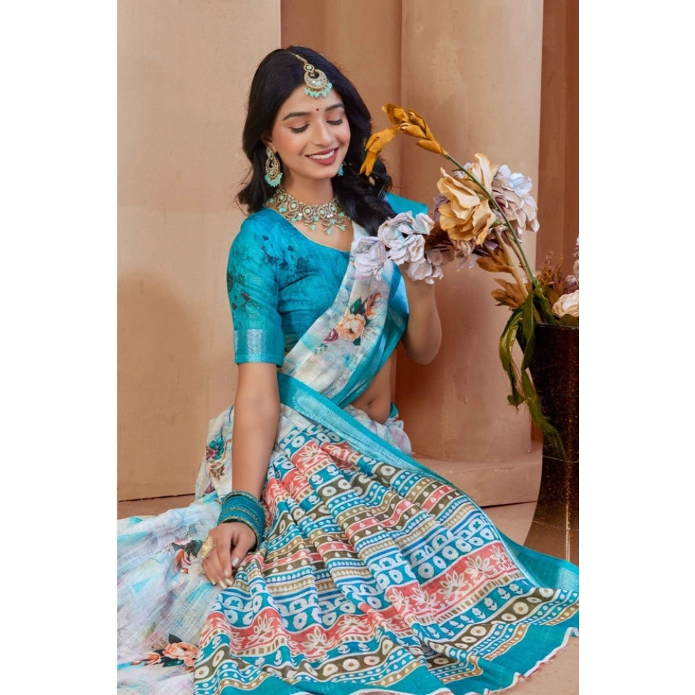 Gracious Women's Printed Cotton Linen Saree With Blouse Piece