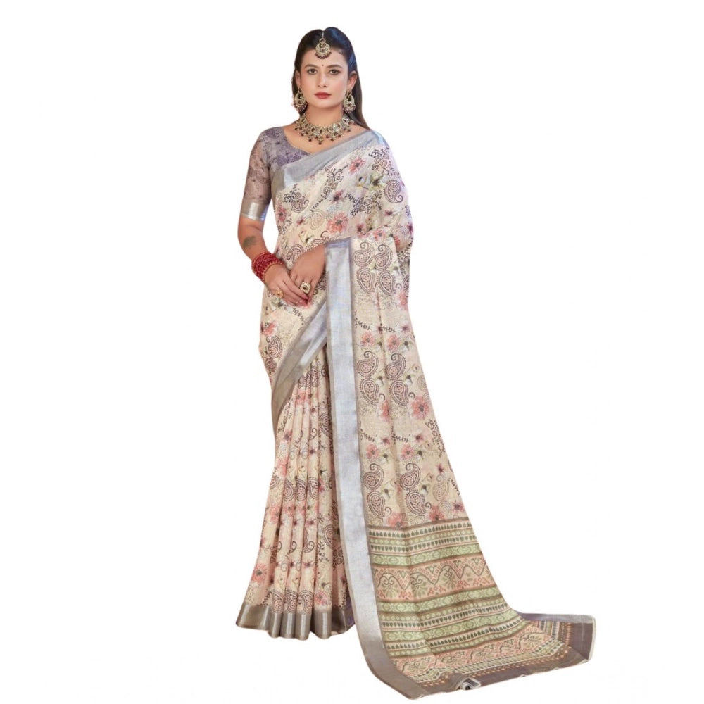 Gracious Women's Printed Cotton Linen Saree With Blouse Piece