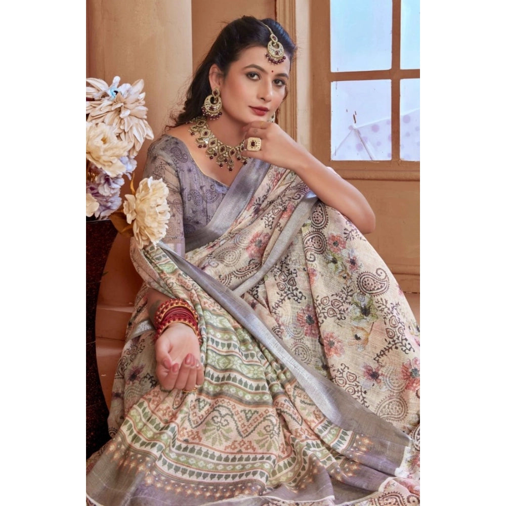 Gracious Women's Printed Cotton Linen Saree With Blouse Piece