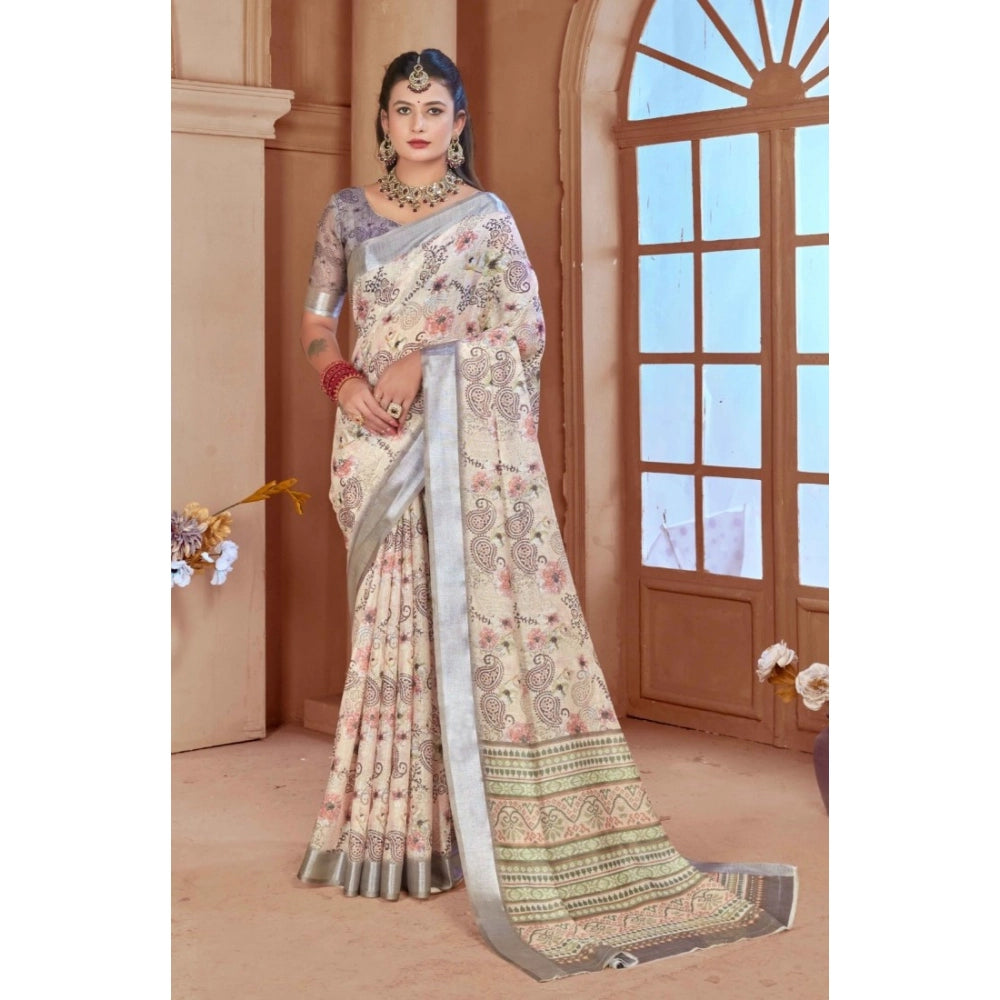 Gracious Women's Printed Cotton Linen Saree With Blouse Piece