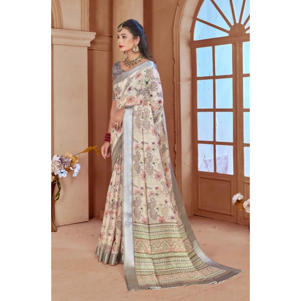 Gracious Women's Printed Cotton Linen Saree With Blouse Piece