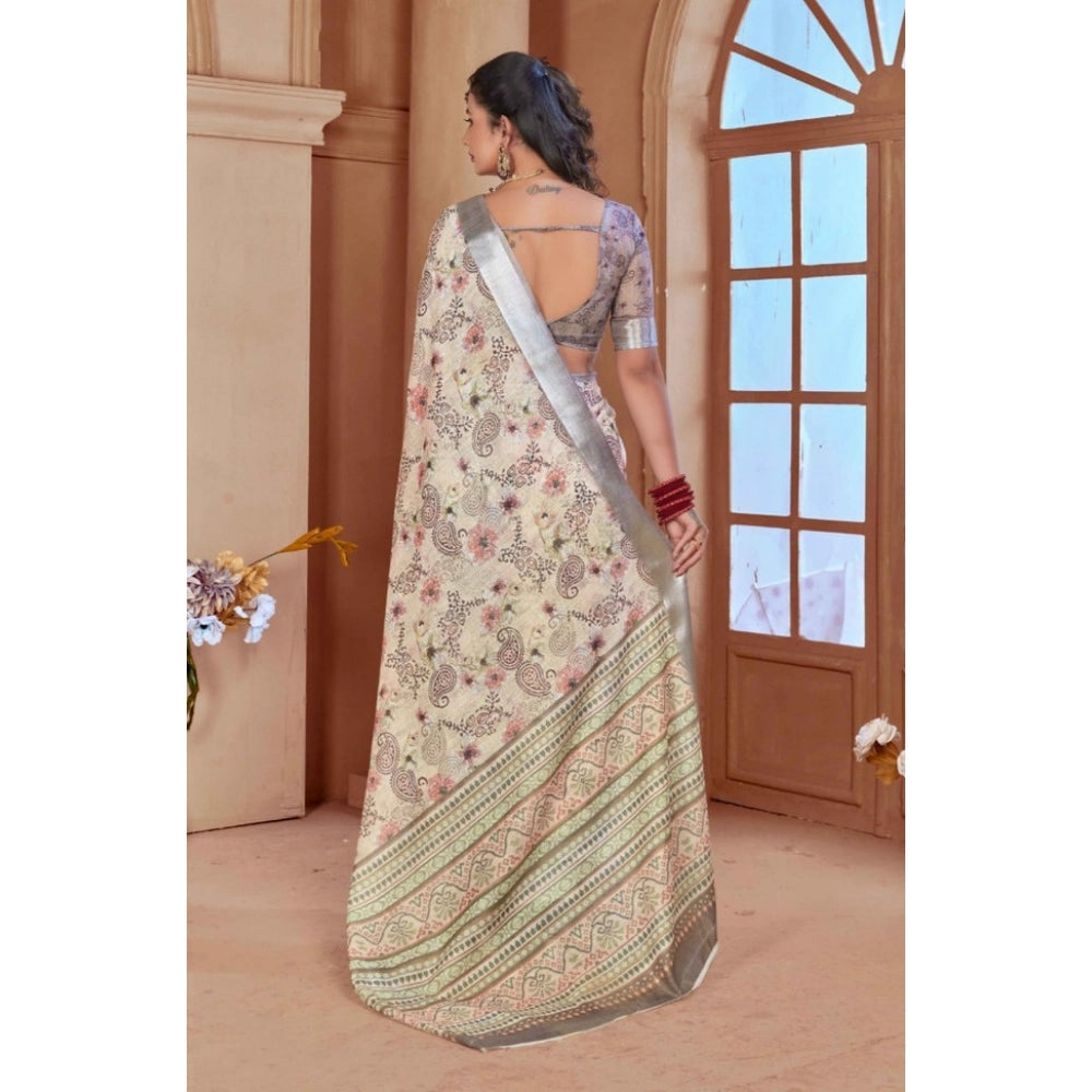 Gracious Women's Printed Cotton Linen Saree With Blouse Piece