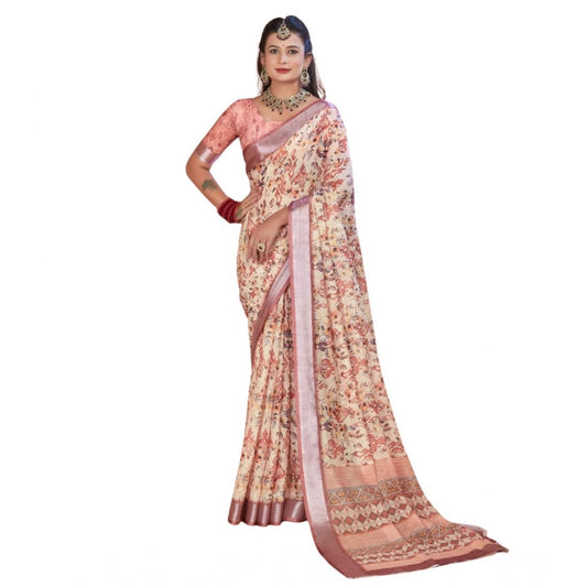 Gracious Women's Printed Cotton Linen Saree With Blouse Piece